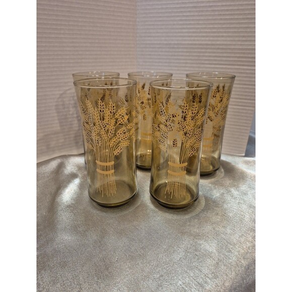 Vintage Libbey Franco Wheat Print Glasses Set Of 5 - Picture 1 of 12